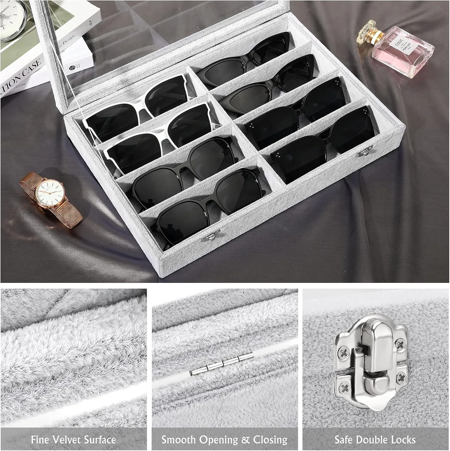 Velvet Tray Watch Storage Stackable Jewelry Showcase Display Storage with Detachable stress Inner Dividers - Grey Glasses Organizer Jewelry Tray, 8 Grids with Clear Lid 