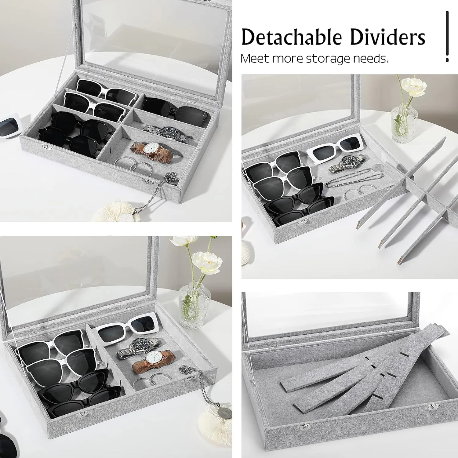 Velvet Tray Watch Storage Stackable Jewelry Showcase Display Storage with Detachable stress Inner Dividers - Grey Glasses Organizer Jewelry Tray, 8 Grids with Clear Lid 