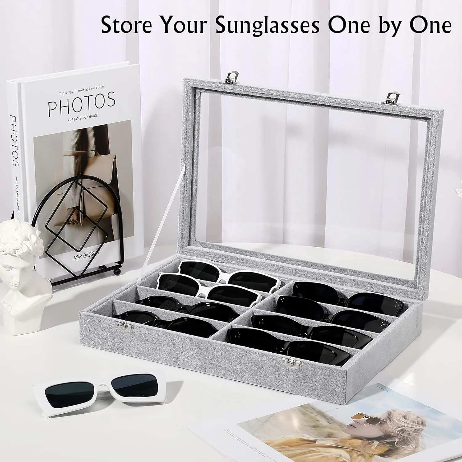 Velvet Tray Watch Storage Stackable Jewelry Showcase Display Storage with Detachable stress Inner Dividers - Grey Glasses Organizer Jewelry Tray, 8 Grids with Clear Lid 