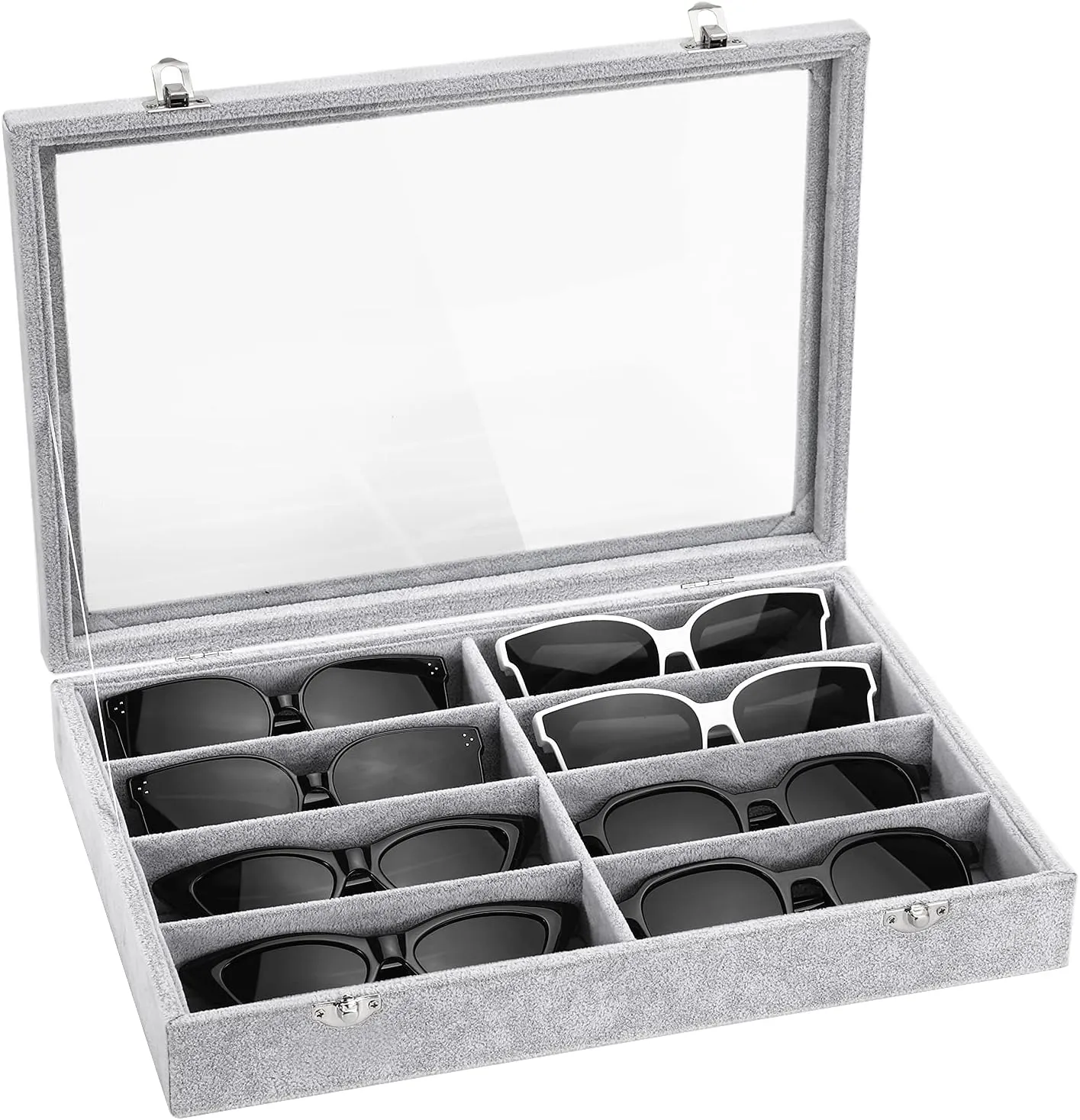 Velvet Tray Watch Storage Stackable Jewelry Showcase Display Storage with Detachable stress Inner Dividers - Grey Glasses Organizer Jewelry Tray, 8 Grids with Clear Lid 