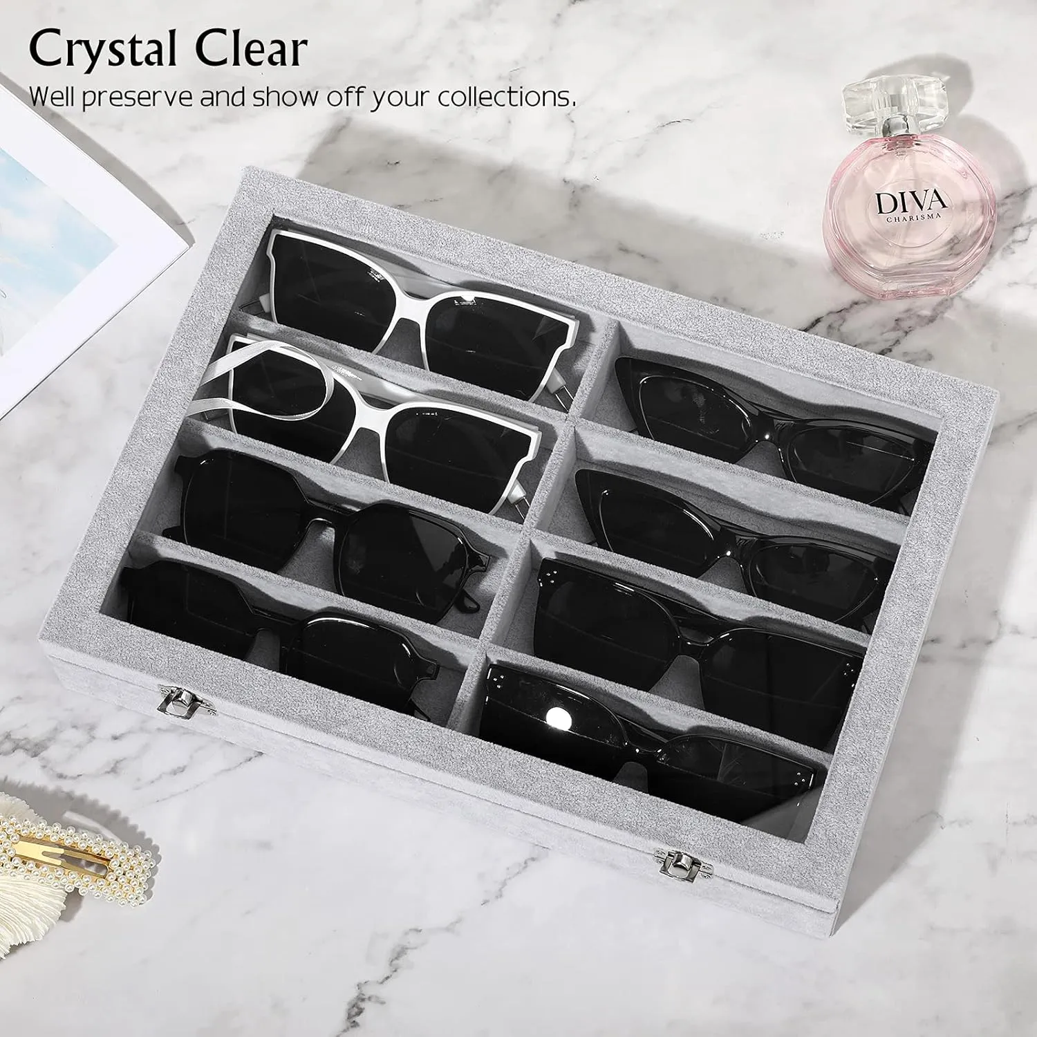Velvet Tray Watch Storage Stackable Jewelry Showcase Display Storage with Detachable stress Inner Dividers - Grey Glasses Organizer Jewelry Tray, 8 Grids with Clear Lid 