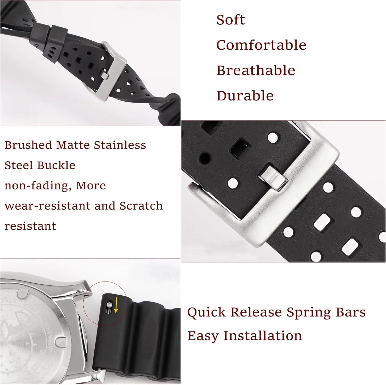 Ventilated Quick Release Universal Sporty Diving Soft Durable Fluororubber Watch Strap 18mm 20mm 22mm 24mm FKM Rubber Replacement Band Strap Men Women FKM Rubber Watch manufacture Bands 