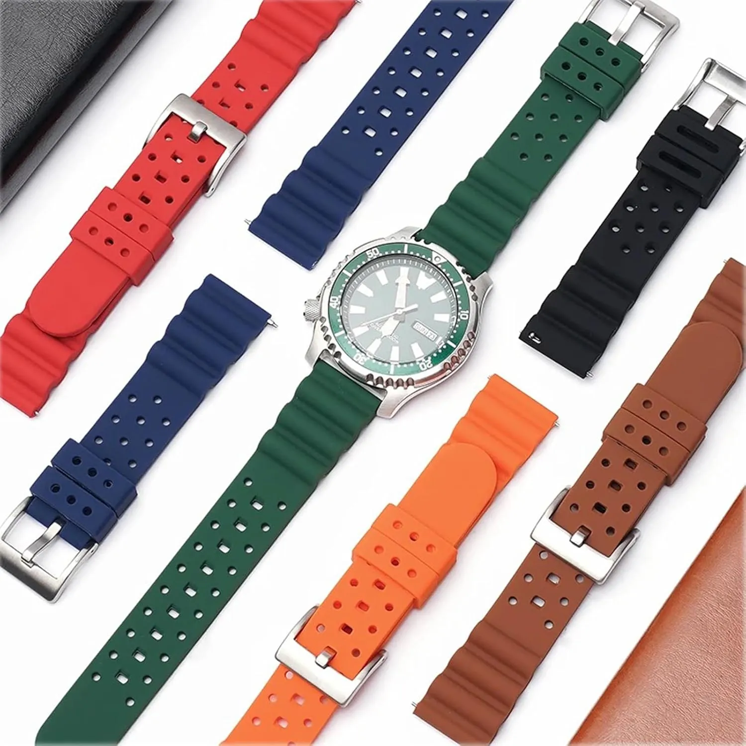 Ventilated Quick Release Universal Sporty Diving Soft Durable Fluororubber Watch Strap 18mm 20mm 22mm 24mm FKM Rubber Replacement Band Strap Men Women FKM Rubber Watch manufacture Bands 