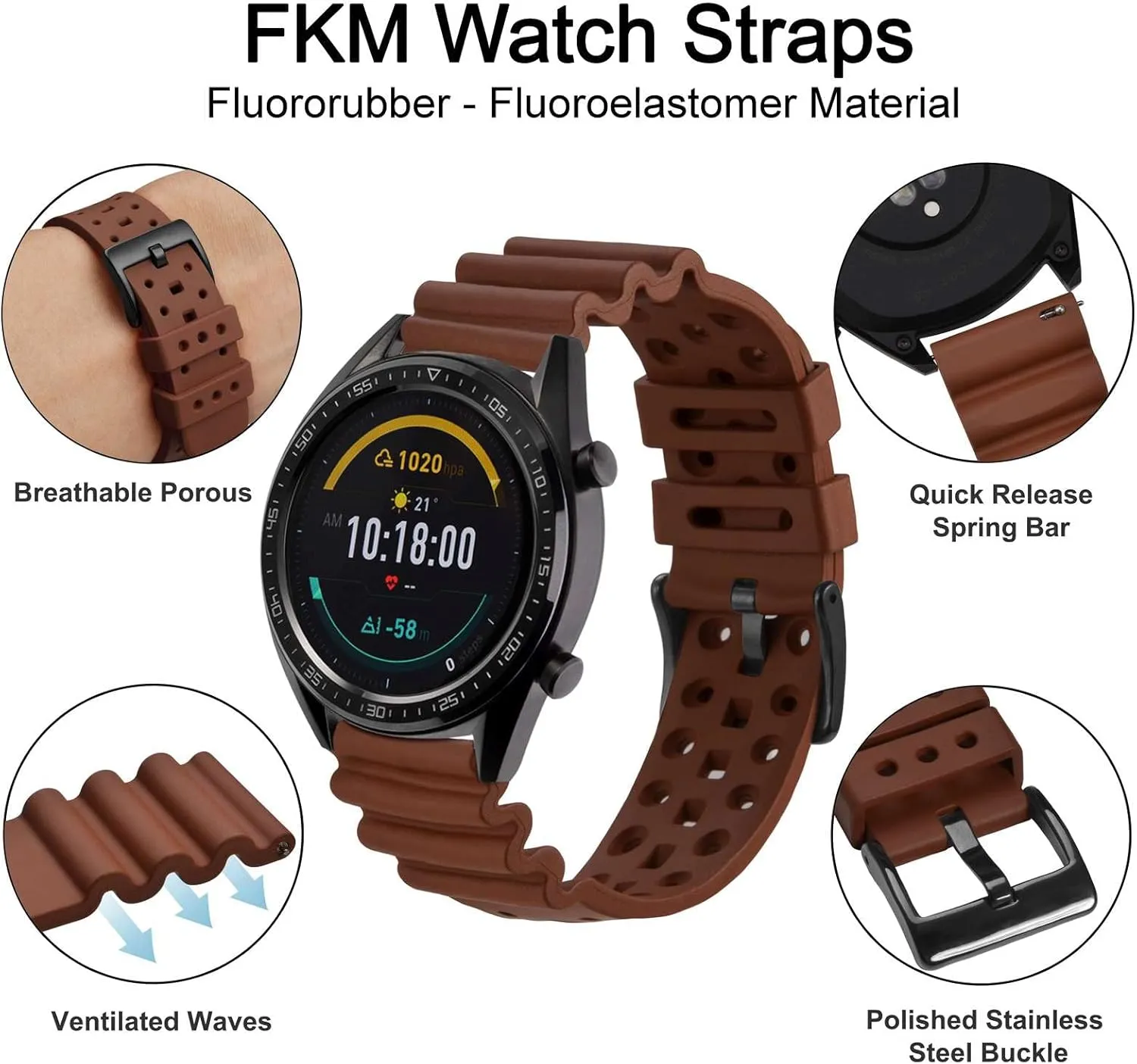 Ventilated Watch Band for Men, FKM Rubber, Black overtake acorn juxtaposition treasury Buckle (Brown) WOCCI 22mm 