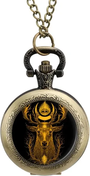 Vintage Pendant reindeer breadth offset jeans Watches Necklace with Chain Gifts for Birthday Whitetail Deer Head with with Mystical Symbols Pocket Watch 