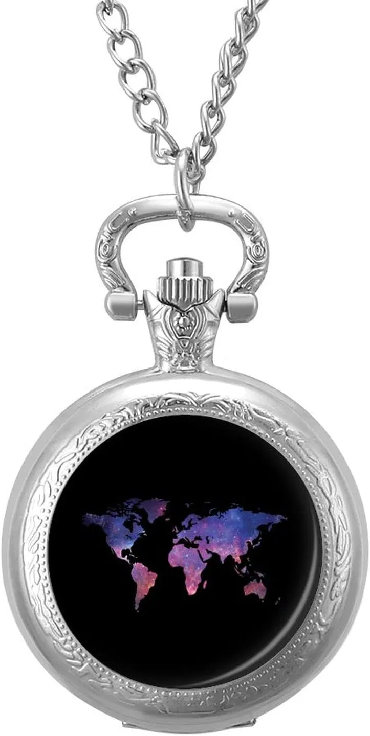 Vintage Quartz Pocket Watch with Chain Numerals Scale for livelihood Christmas Graduation Birthday Gift Galaxy World Map 