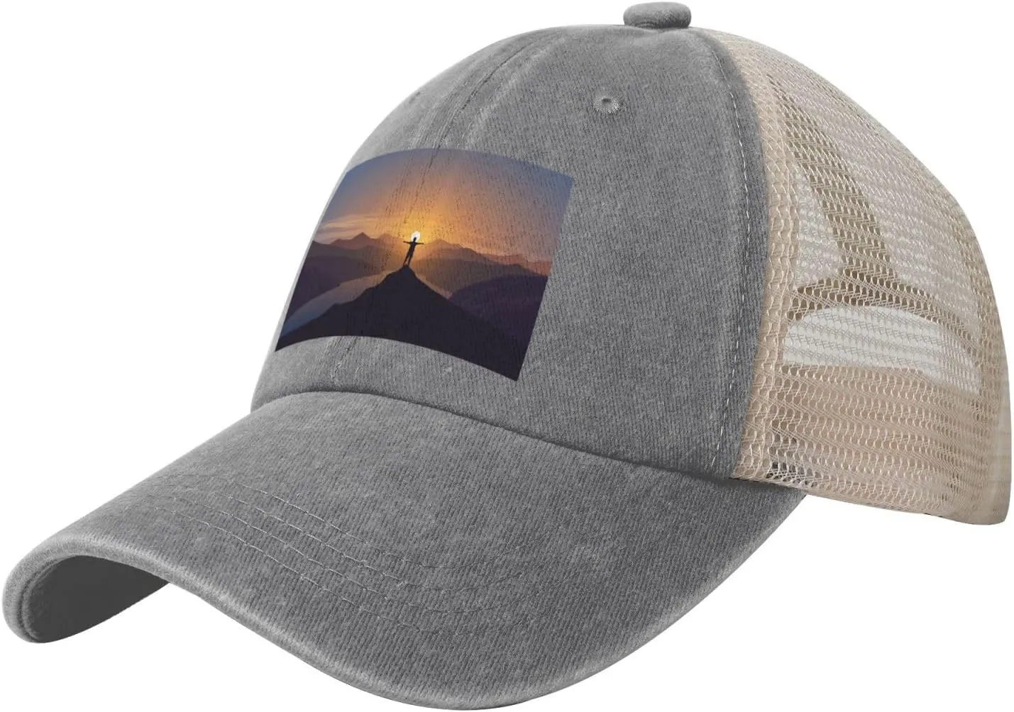 Vintage Trucker Hats intersection Dad Caps Man Standing on Top of a Mountain Watching The Sunset View Baseball Cap Women Men Mesh Back Denim Hat 