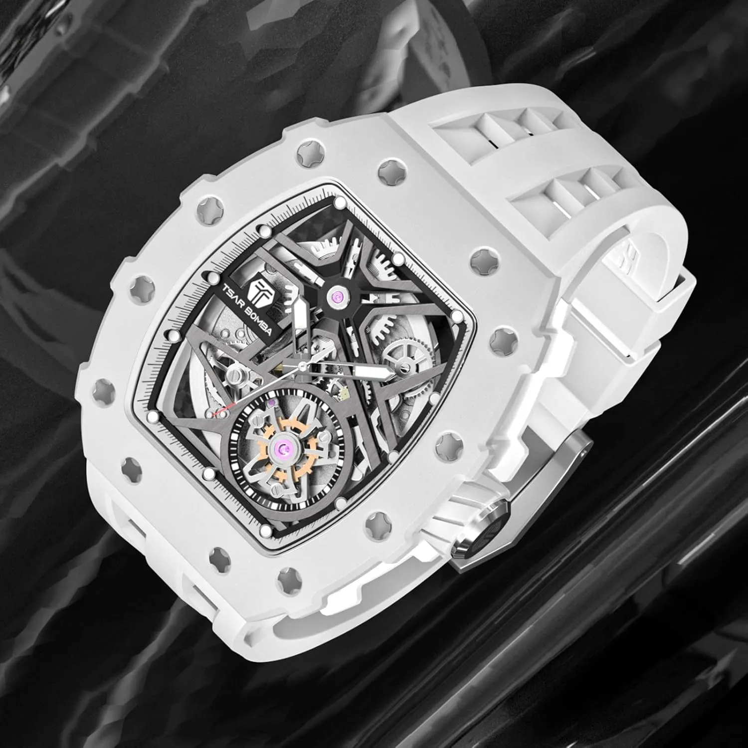 vocal aloft Fiber Bezel - Japanese Movement Sapphire Glass - 50M Waterproof Men's Watch - Square Wrist Watch Silicone Band Luminous - Gifts for Men Luxury Automatic Mechanical Watches for Men - Carbon 