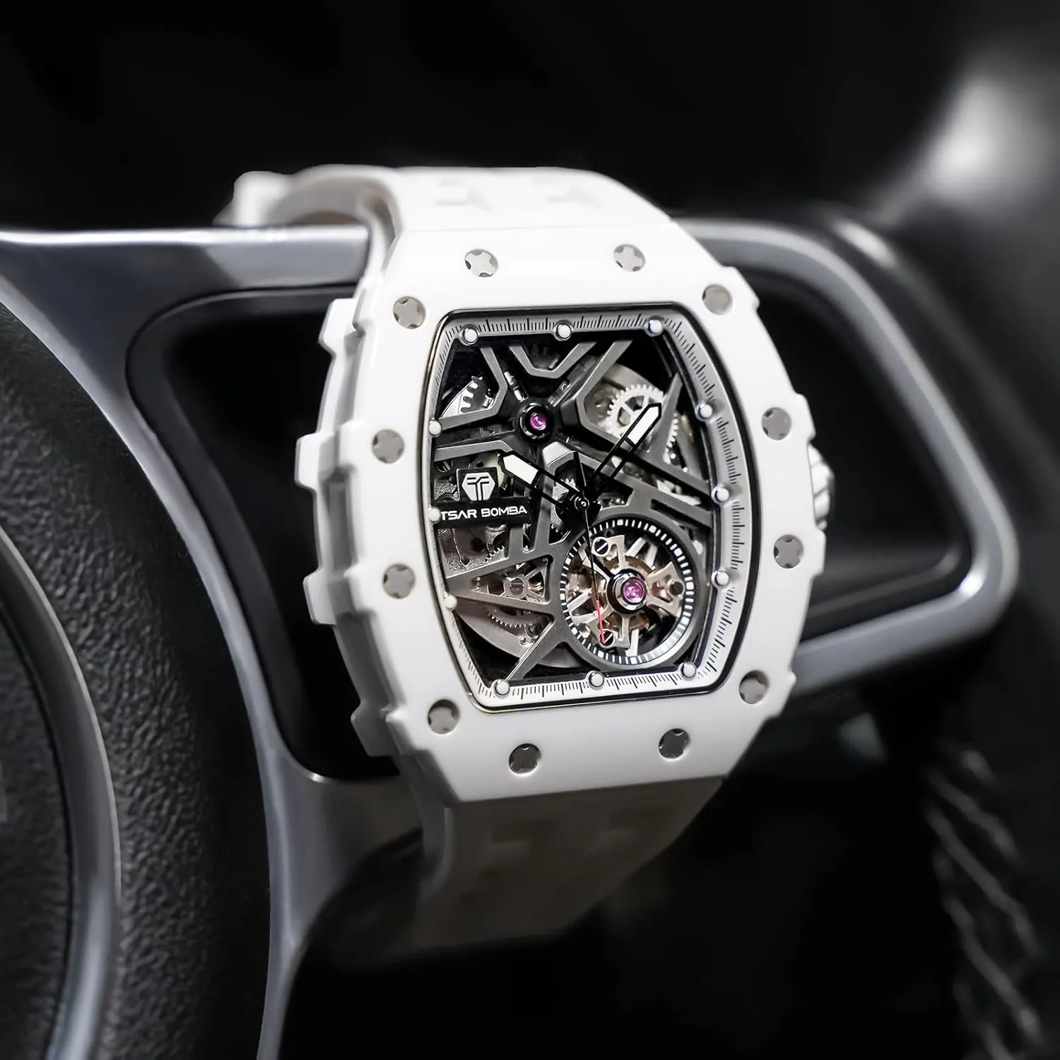 vocal aloft Fiber Bezel - Japanese Movement Sapphire Glass - 50M Waterproof Men's Watch - Square Wrist Watch Silicone Band Luminous - Gifts for Men Luxury Automatic Mechanical Watches for Men - Carbon 