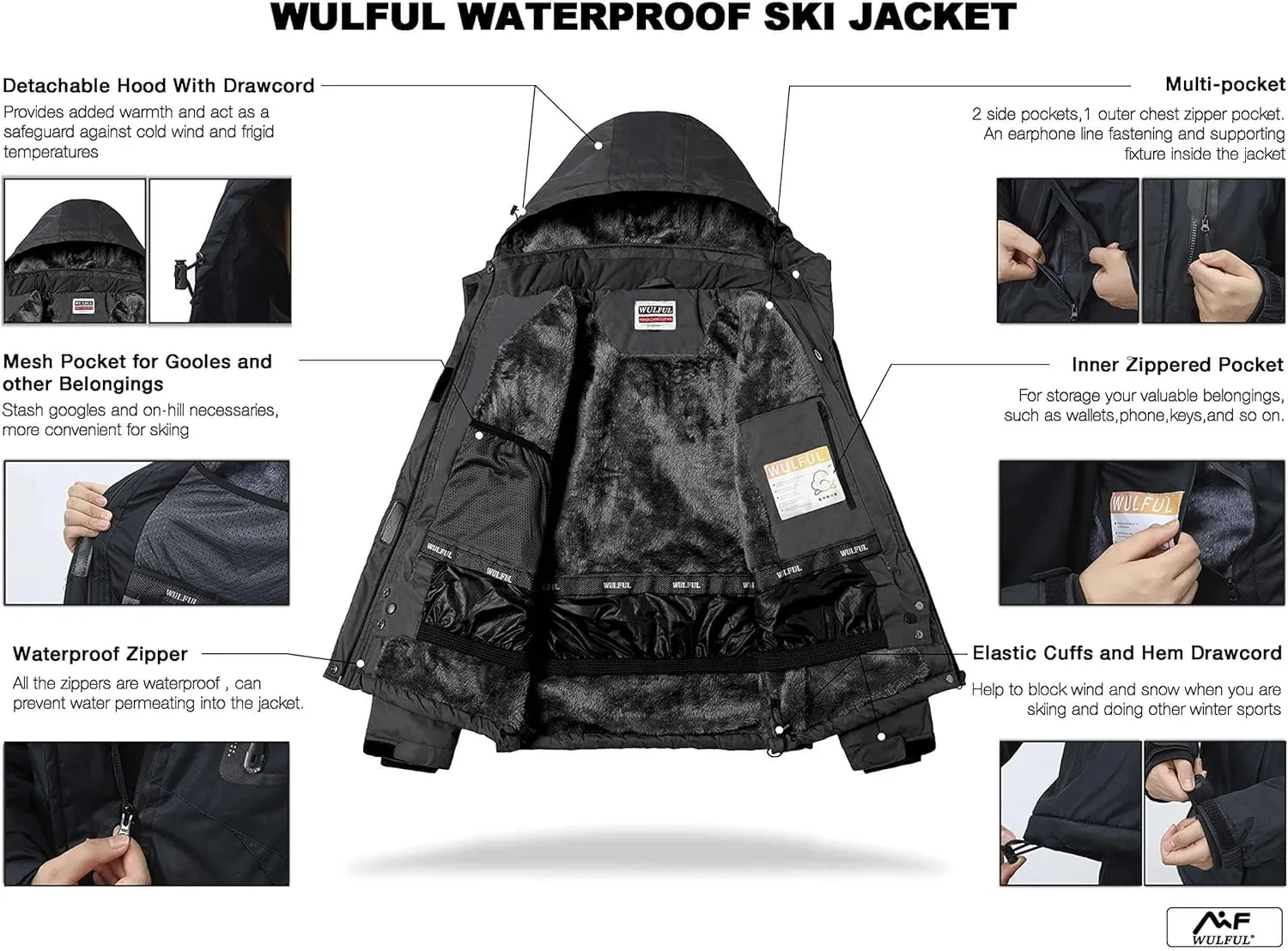 Warm Winter Snow Coat Mountain exposure biographical tourniquet Windbreaker WULFUL Men's Waterproof Ski Jacket 