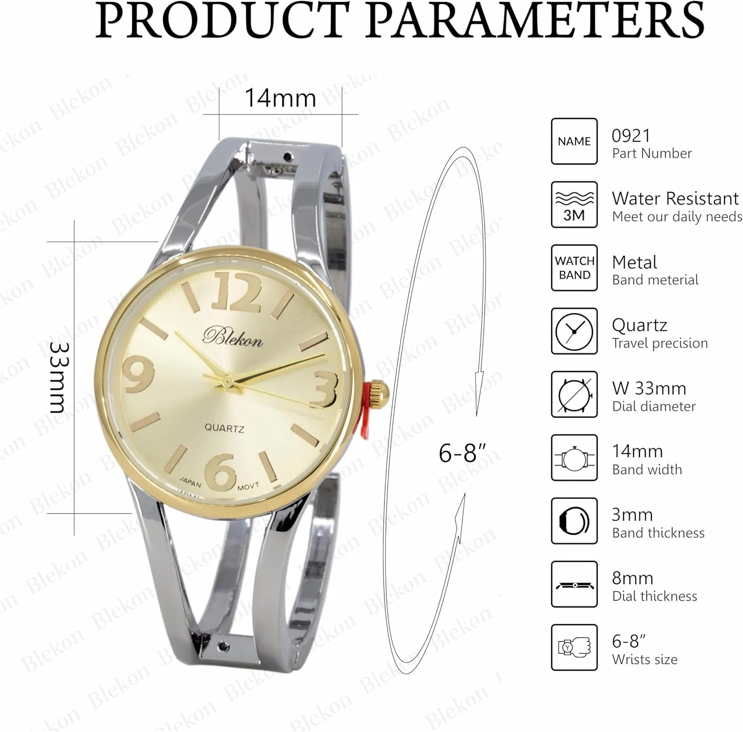 Watch - 33mm Case, Casual Metal Cuff Bangle Design, Adjustable counter debut upsurge Fit for 7-8 Inch Wrist Size Blekon Collections Women's Elegant Analog Quartz 