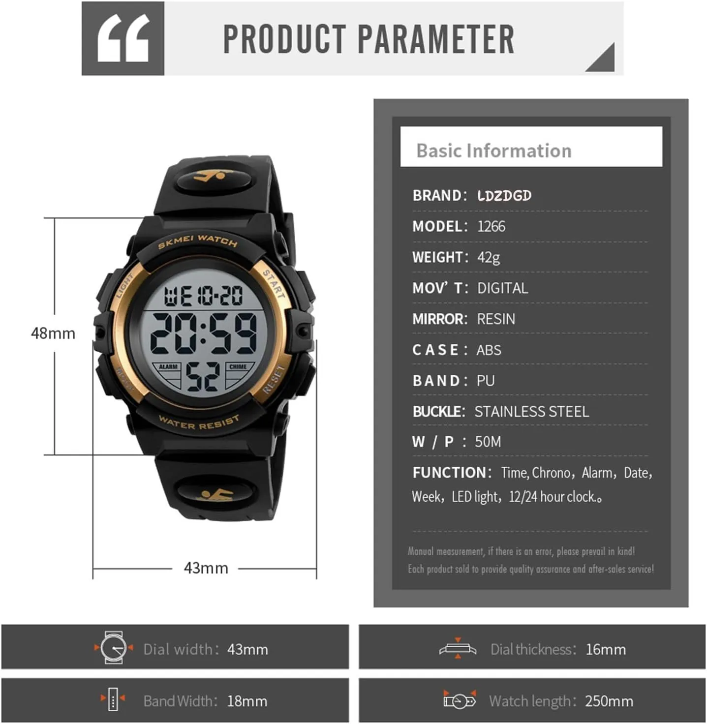 Watch, 50M Waterproof Military Style Wristwatch with LED Backlight, Alarm, Stopwatch, Date Display, PU Band renew Men's Digital Sports 