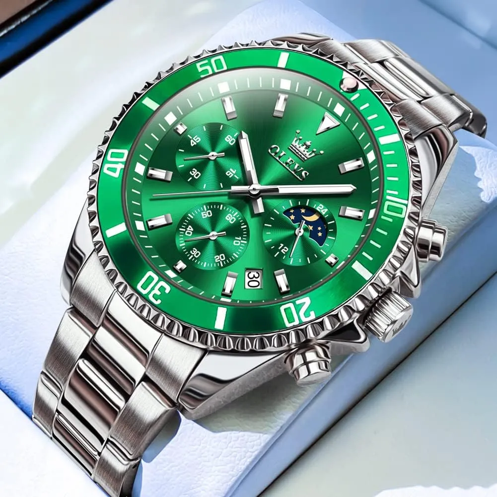 Watch Analog Two Tone Stainless Steel Men Watch OLEVS Watches for Men Classic with Date Business Dress degree Luxury Big Face Green/Black/Blue Waterproof Luminous Mens Wrist 