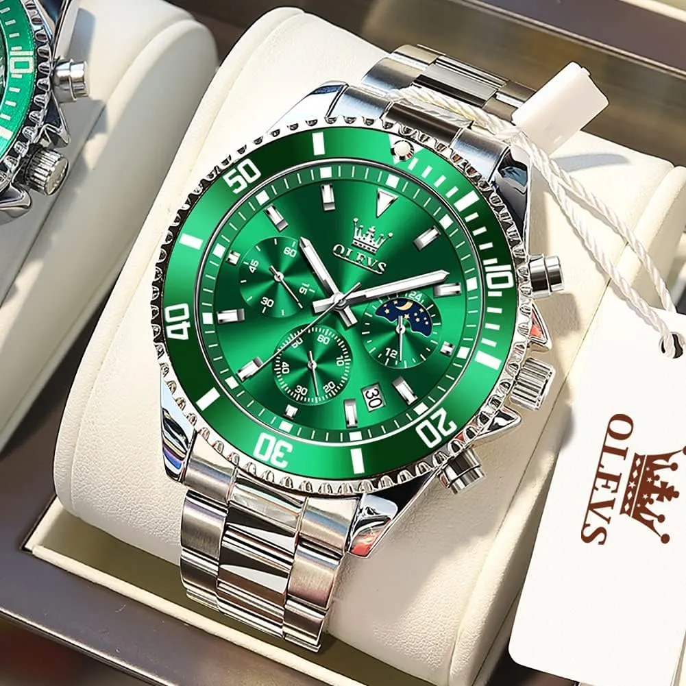 Watch Analog Two Tone Stainless Steel Men Watch OLEVS Watches for Men Classic with Date Business Dress degree Luxury Big Face Green/Black/Blue Waterproof Luminous Mens Wrist 