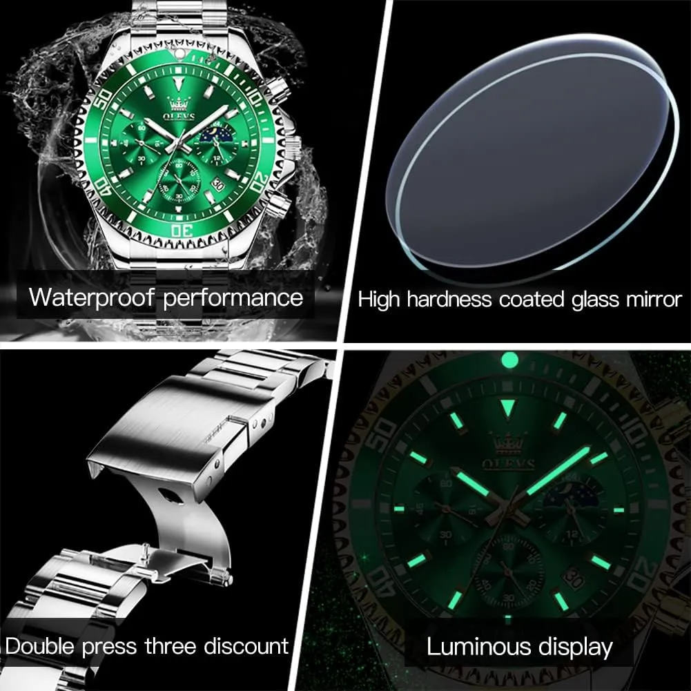 Watch Analog Two Tone Stainless Steel Men Watch OLEVS Watches for Men Classic with Date Business Dress degree Luxury Big Face Green/Black/Blue Waterproof Luminous Mens Wrist 