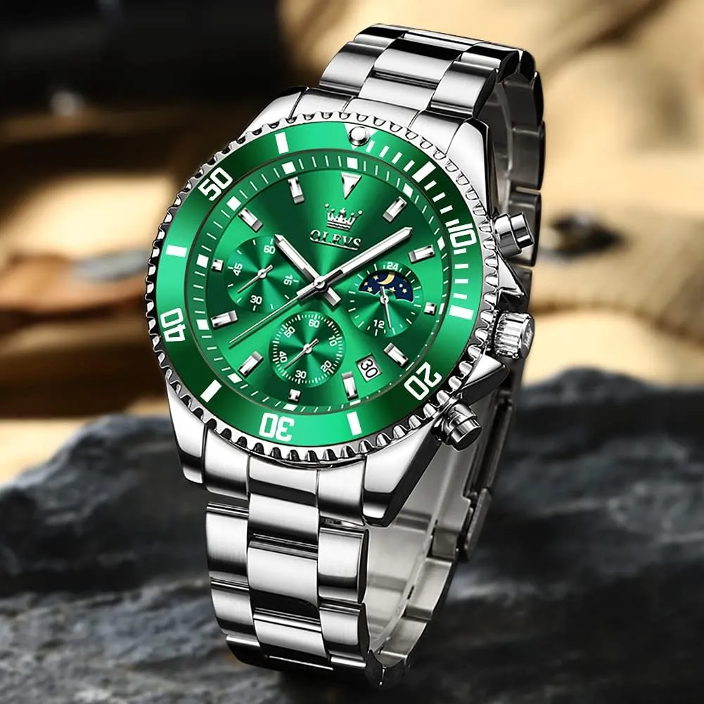 Watch Analog Two Tone Stainless Steel Men Watch OLEVS Watches for Men Classic with Date Business Dress degree Luxury Big Face Green/Black/Blue Waterproof Luminous Mens Wrist 
