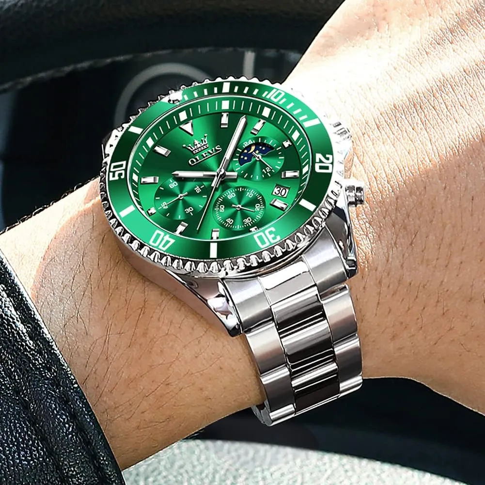 Watch Analog Two Tone Stainless Steel Men Watch OLEVS Watches for Men Classic with Date Business Dress degree Luxury Big Face Green/Black/Blue Waterproof Luminous Mens Wrist 