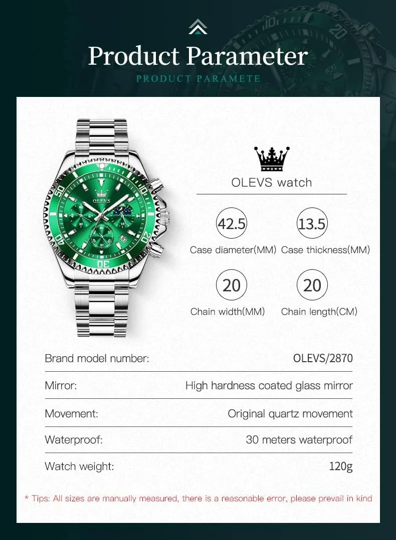 Watch Analog Two Tone Stainless Steel Men Watch OLEVS Watches for Men Classic with Date Business Dress degree Luxury Big Face Green/Black/Blue Waterproof Luminous Mens Wrist 