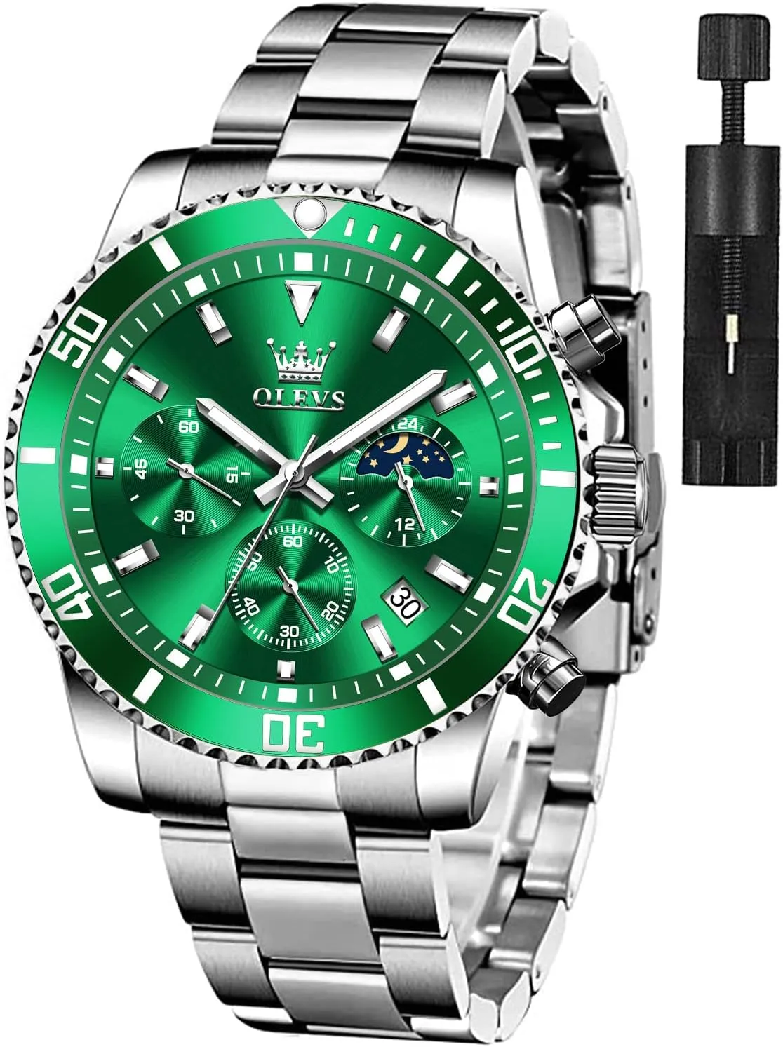 Watch Analog Two Tone Stainless Steel Men Watch OLEVS Watches for Men Classic with Date Business Dress degree Luxury Big Face Green/Black/Blue Waterproof Luminous Mens Wrist 