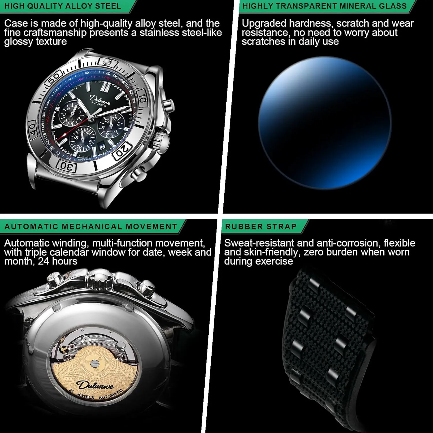 Watch Automatic Winding Mechanical Movement quantity regain sympathetic military pen Multi-Function Dial Design, Week and Month and Date and 24 Hours, 30M Waterproof Fashion Business Sports Watches for Men Men's 