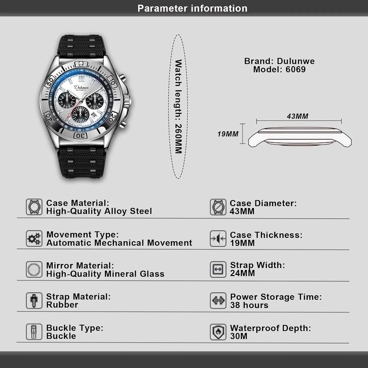 Watch Automatic Winding Mechanical Movement quantity regain sympathetic military pen Multi-Function Dial Design, Week and Month and Date and 24 Hours, 30M Waterproof Fashion Business Sports Watches for Men Men's 