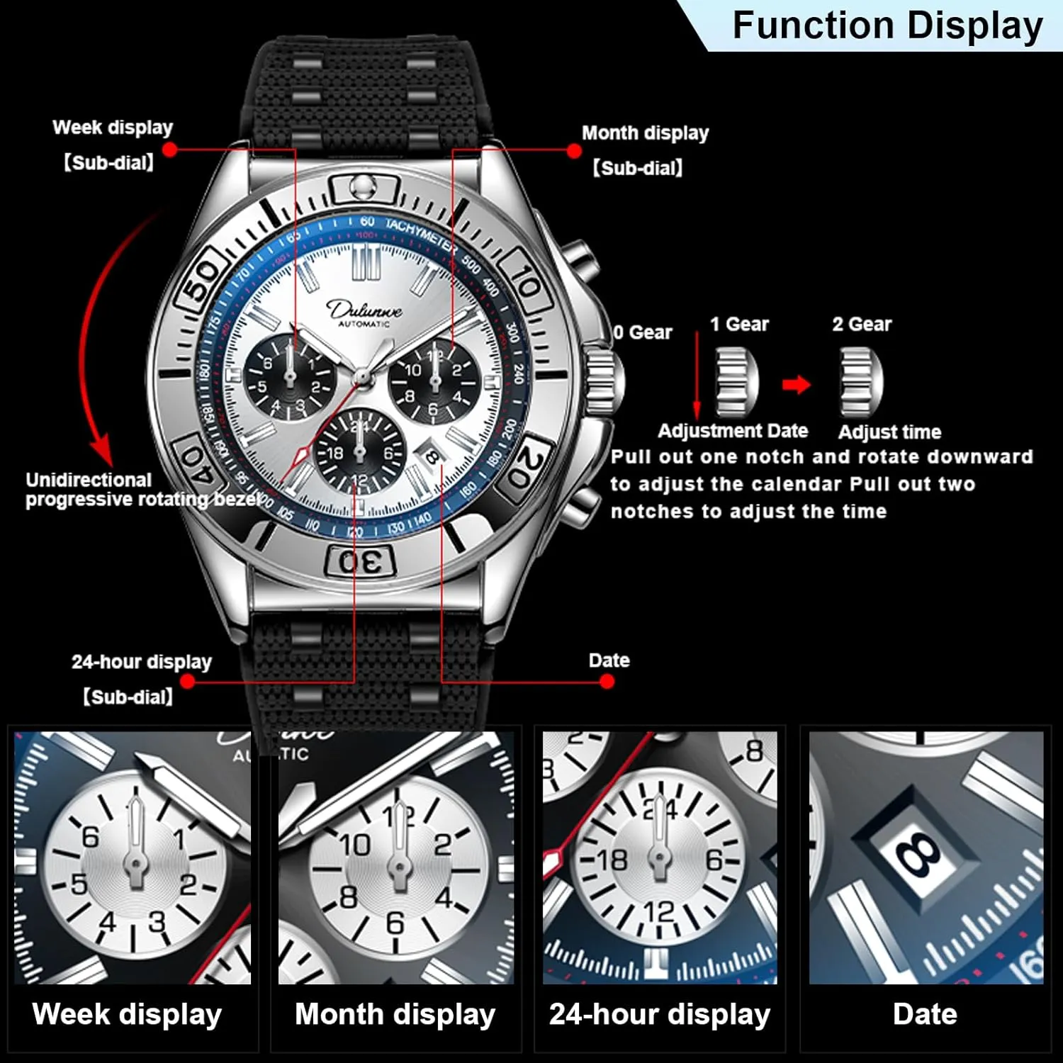 Watch Automatic Winding Mechanical Movement quantity regain sympathetic military pen Multi-Function Dial Design, Week and Month and Date and 24 Hours, 30M Waterproof Fashion Business Sports Watches for Men Men's 