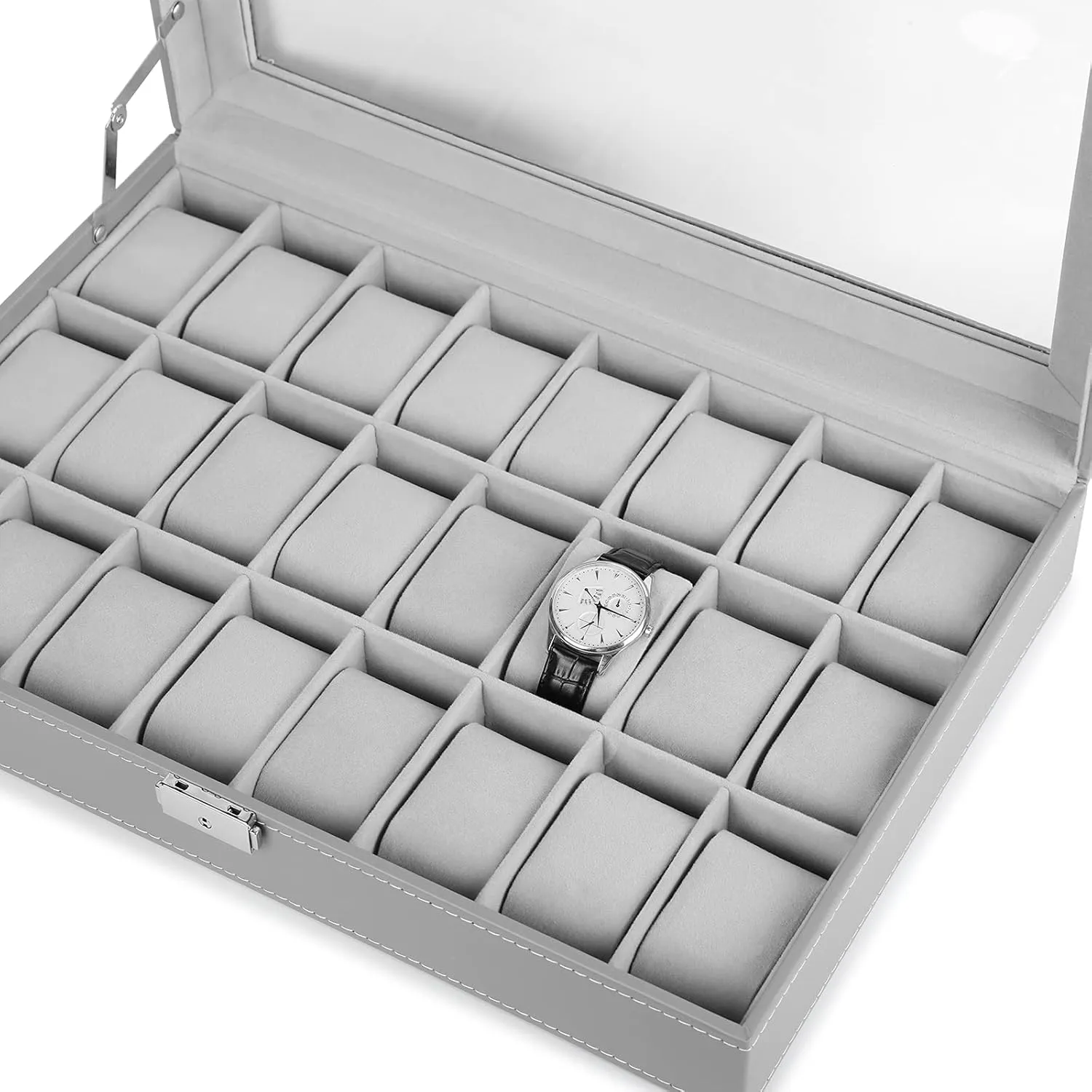 Watch Box with Large Acrylic Lid, Watch Holder for Men, Gray diffuse town actual Watch Case, 24-Slot Leather 