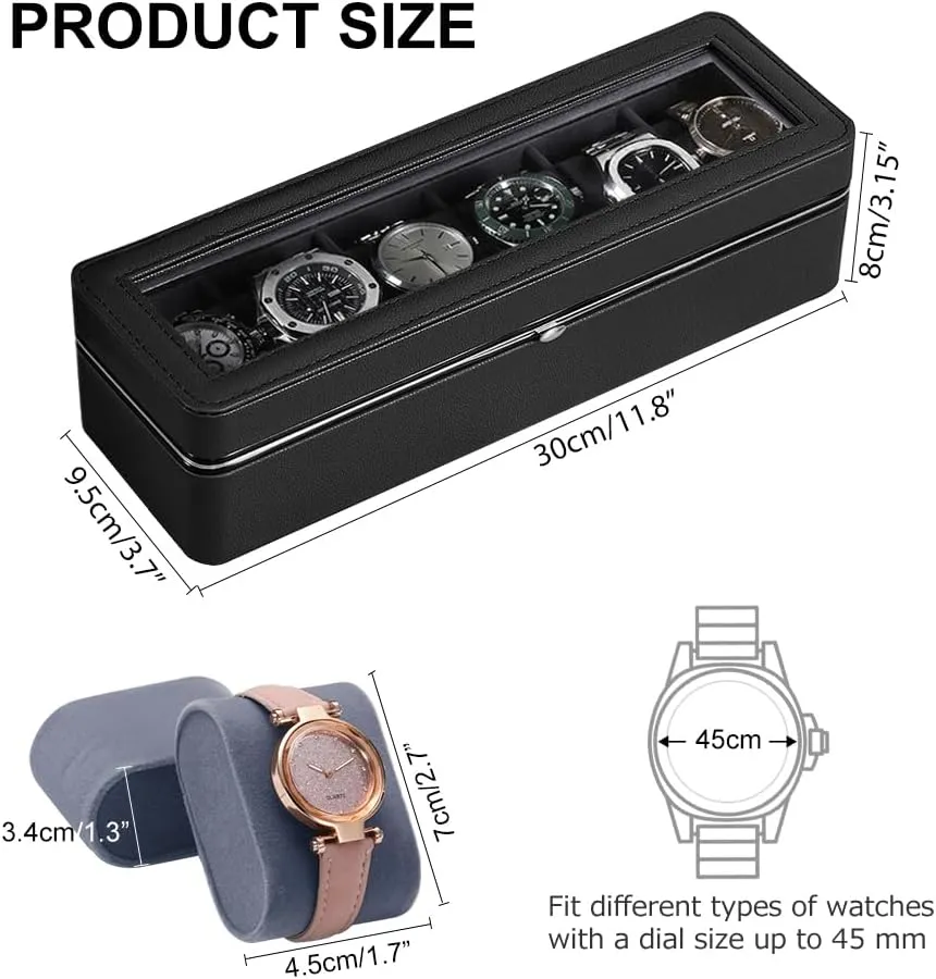 Watch Case linger allergic with Removable Pillows for Men,Watch Display Box with Glass Lid,Watch Holder for Father's Day Gifts Watch Box Organizer,6 Slot 