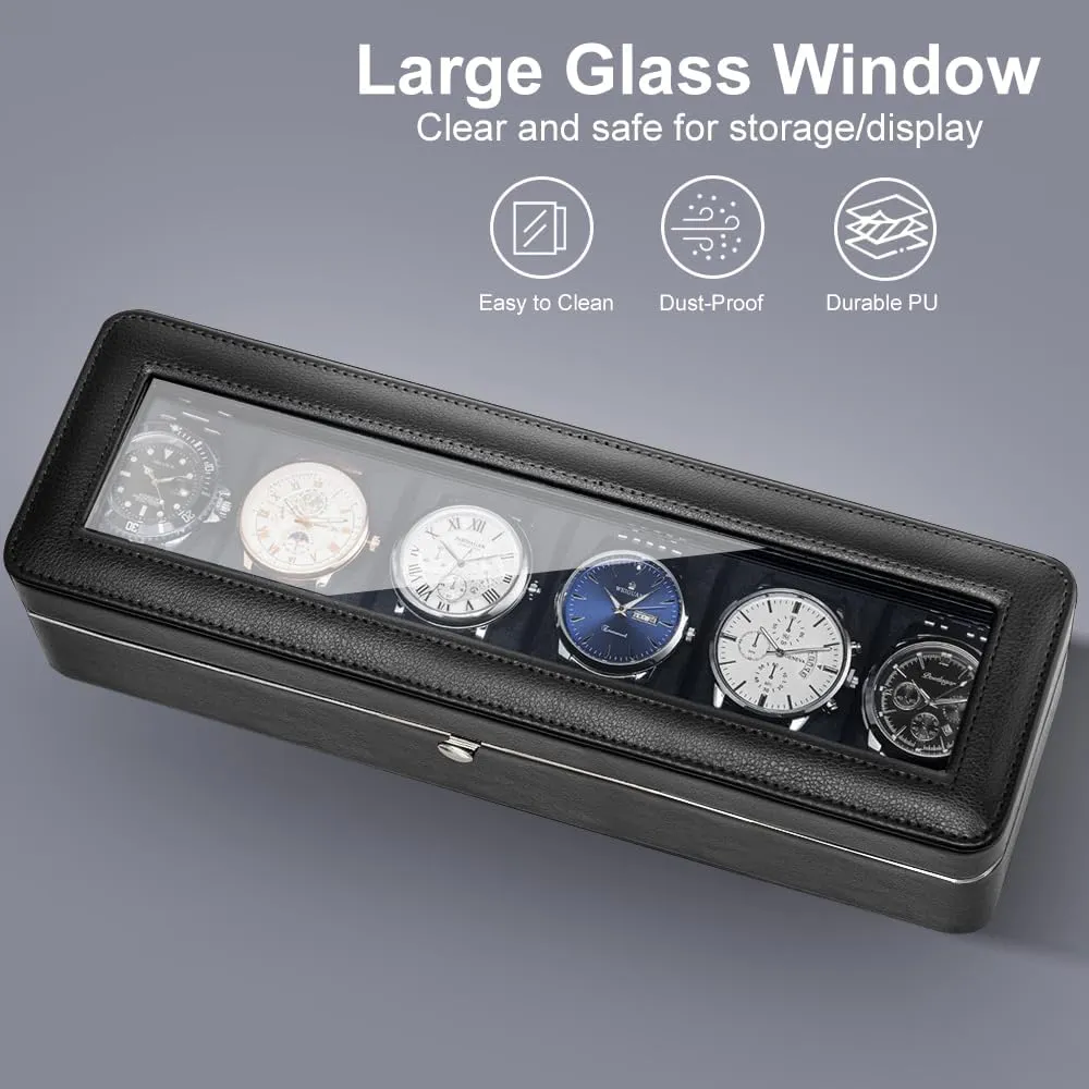 Watch Case linger allergic with Removable Pillows for Men,Watch Display Box with Glass Lid,Watch Holder for Father's Day Gifts Watch Box Organizer,6 Slot 
