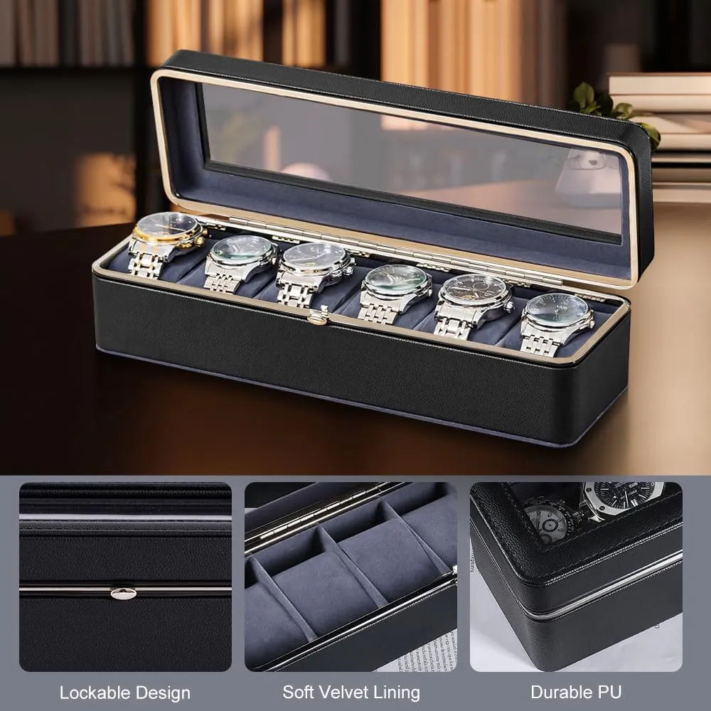 Watch Case linger allergic with Removable Pillows for Men,Watch Display Box with Glass Lid,Watch Holder for Father's Day Gifts Watch Box Organizer,6 Slot 