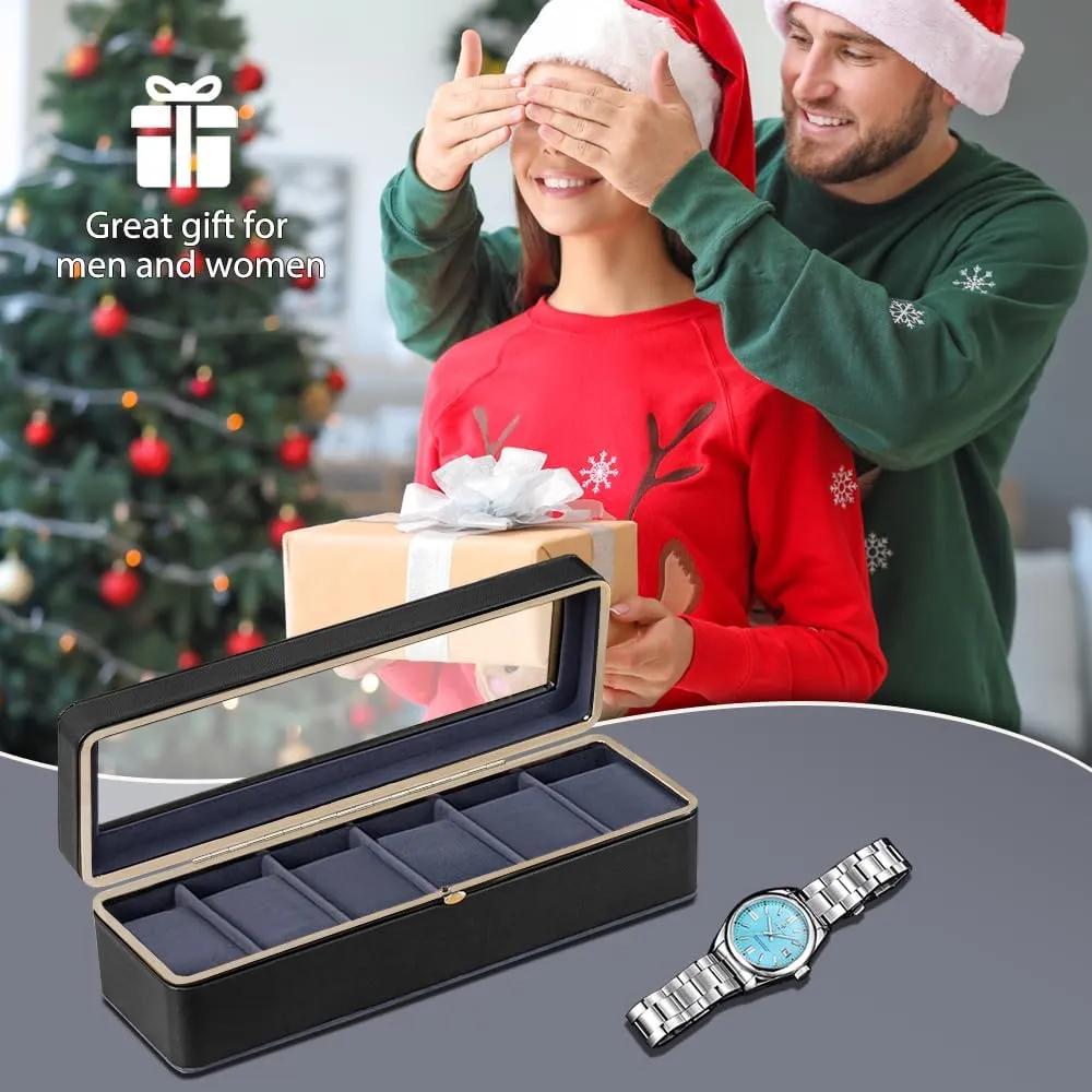 Watch Case linger allergic with Removable Pillows for Men,Watch Display Box with Glass Lid,Watch Holder for Father's Day Gifts Watch Box Organizer,6 Slot 