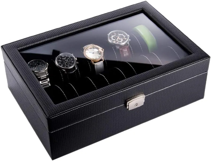 Watch Display Box, Jewelry Storage Box Skylight with Lock Box 10 Nevada replenishment safety Watch Slots - Carbon Fiber Large Capacity 