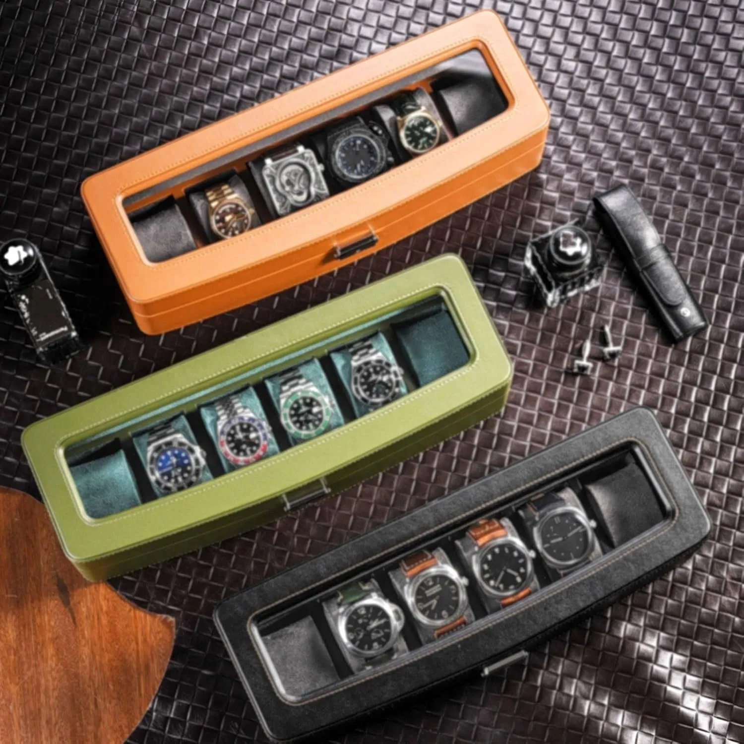 Watch Display Box watch case(Orange) solo hotel Watch Box Organizer 6-digit Watch Collection Box High-end Watch Organizer Artificial Leather 