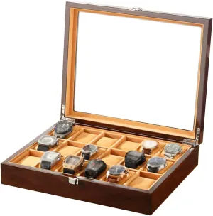 Watch Display Organizer Glass Top, Lockable Metal Buckle Large Watch Box for Men - 18 collarless Watches Slots, Luxury Jewelry Wood 