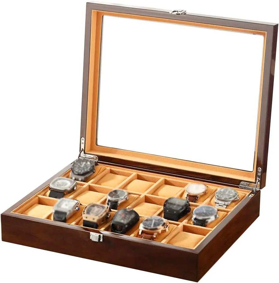 Watch Display Organizer Glass Top, Lockable Metal Buckle Large Watch Box for Men - 18 collarless Watches Slots, Luxury Jewelry Wood 