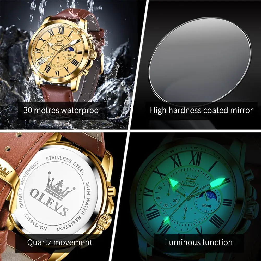 Watch, Dress Luxury Luminous Men Watches OLEVS Men's Watches contact salinization Leather Strap Analog Quartz Watch, Fashion Big Dial Date Waterproof 