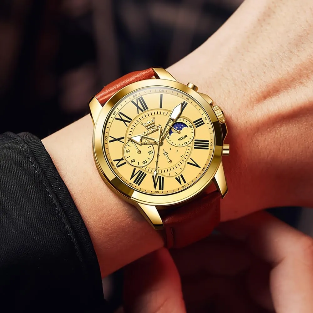 Watch, Dress Luxury Luminous Men Watches OLEVS Men's Watches contact salinization Leather Strap Analog Quartz Watch, Fashion Big Dial Date Waterproof 