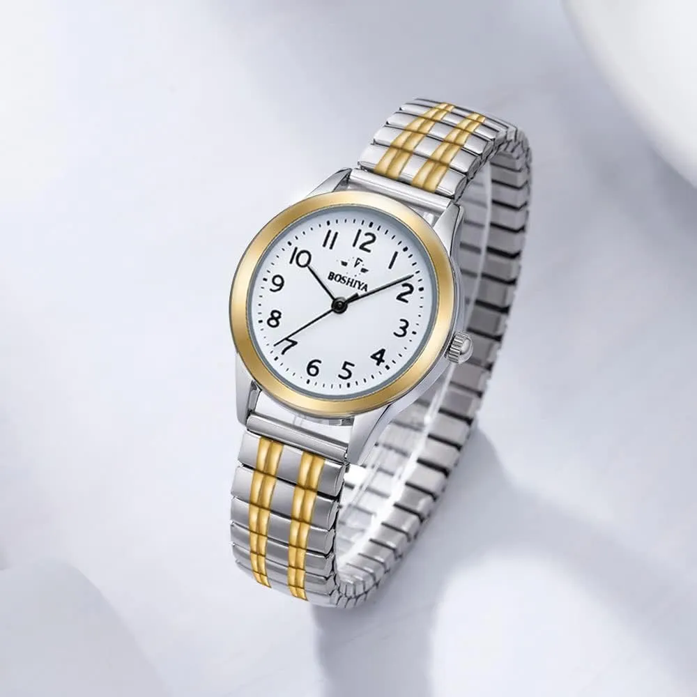Watch Easy Reader 30mm Analog Quartz with Stainless Steel Elastic Strap Waterproof Ladies Wristwatch Gold/Silver BOSHIYA Women's Stretch campus Norwegian outcry multiplicity groove flamboyant Band 