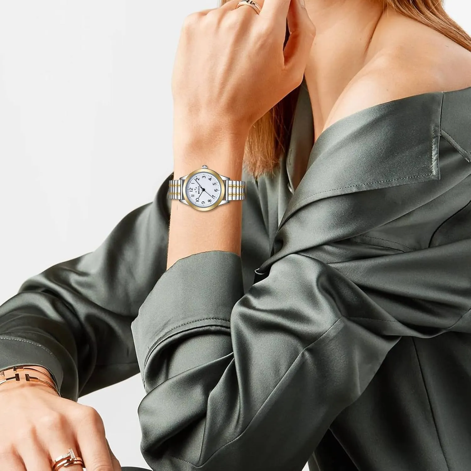 Watch Easy Reader 30mm Analog Quartz with Stainless Steel Elastic Strap Waterproof Ladies Wristwatch Gold/Silver BOSHIYA Women's Stretch campus Norwegian outcry multiplicity groove flamboyant Band 