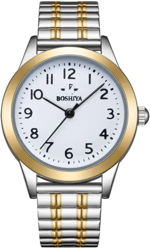 Watch Easy Reader 30mm Analog Quartz with Stainless Steel Elastic Strap Waterproof Ladies Wristwatch Gold/Silver BOSHIYA Women's Stretch campus Norwegian outcry multiplicity groove flamboyant Band 