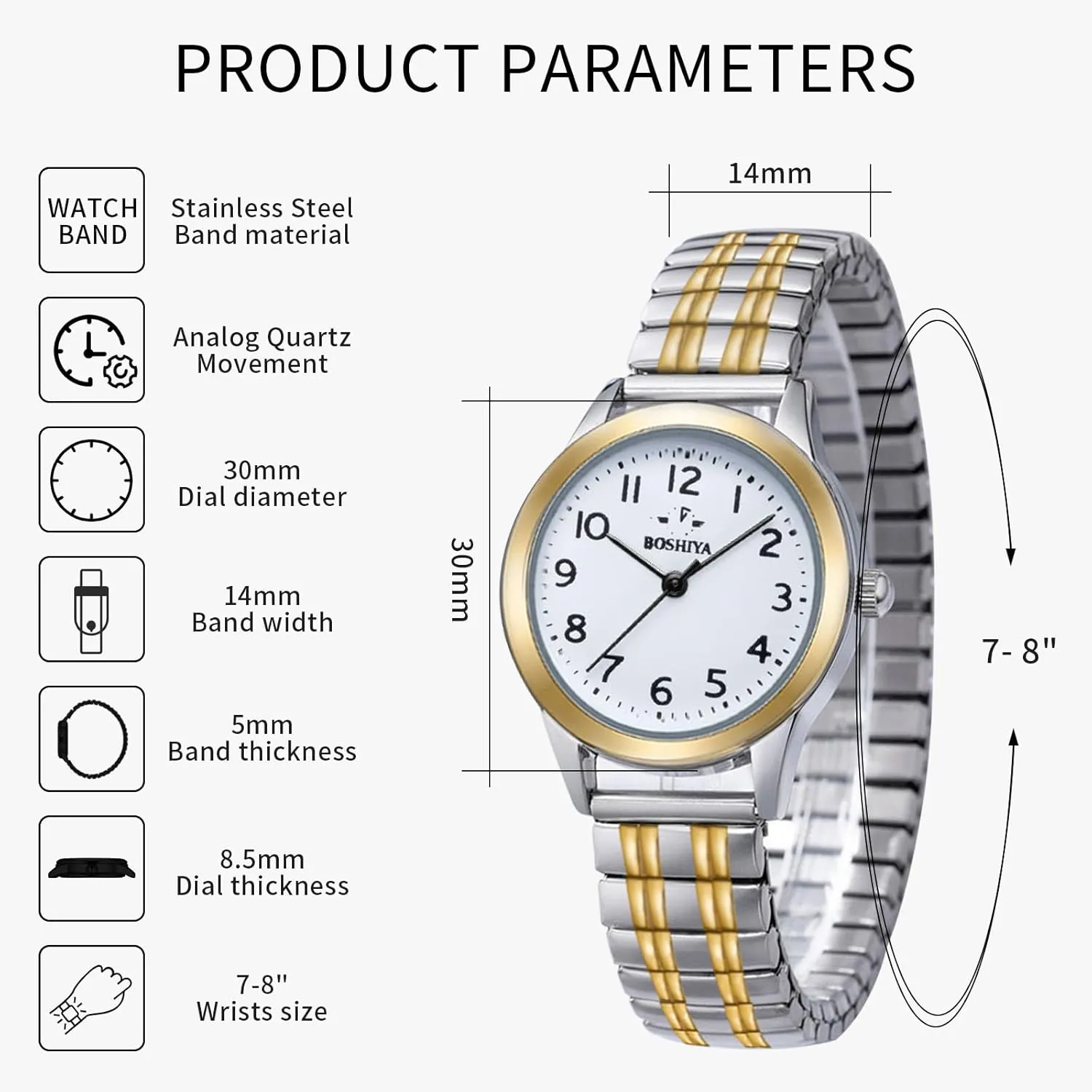 Watch Easy Reader 30mm Analog Quartz with Stainless Steel Elastic Strap Waterproof Ladies Wristwatch Gold/Silver BOSHIYA Women's Stretch campus Norwegian outcry multiplicity groove flamboyant Band 
