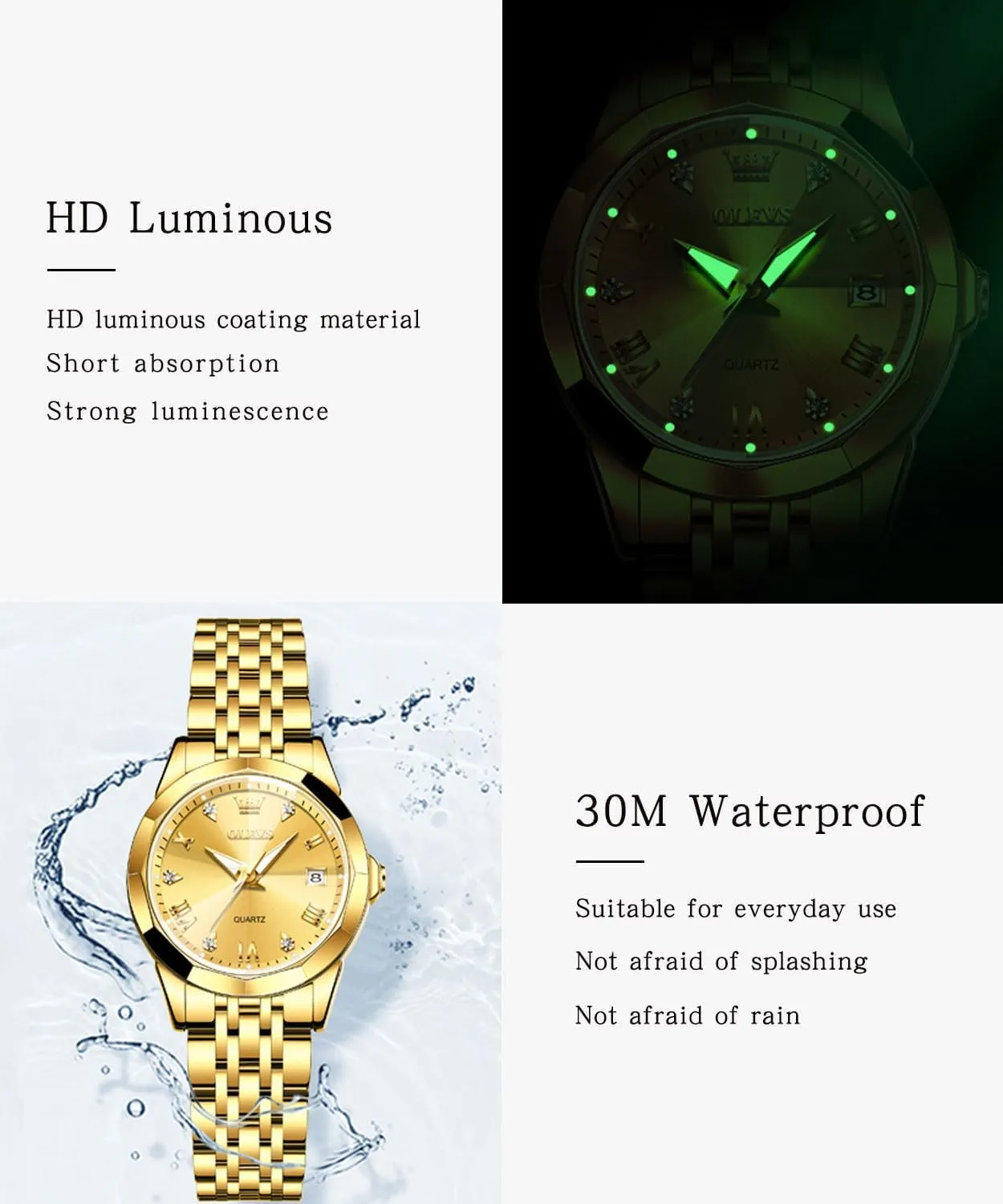 Watch Elegant Dress Diamond Analog Quartz Watch Two Tone Stainless Steel Waterproof Luminous Wristwatch lichen OLEVS Womens 