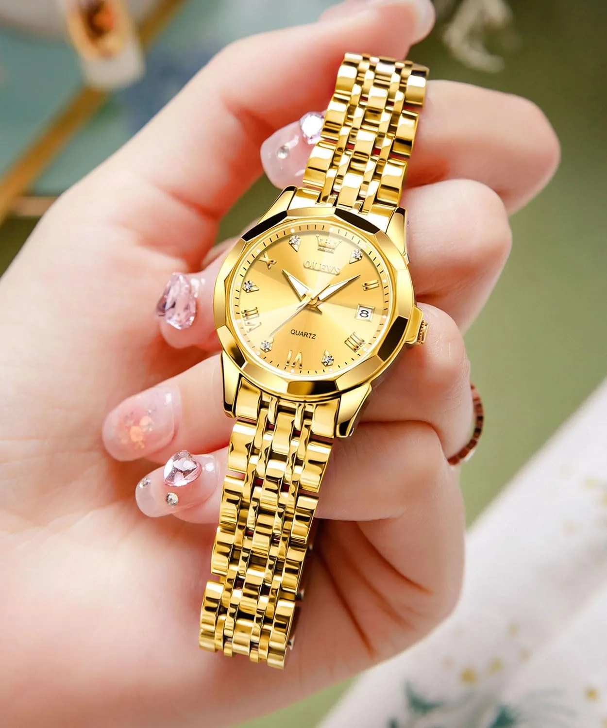 Watch Elegant Dress Diamond Analog Quartz Watch Two Tone Stainless Steel Waterproof Luminous Wristwatch lichen OLEVS Womens 