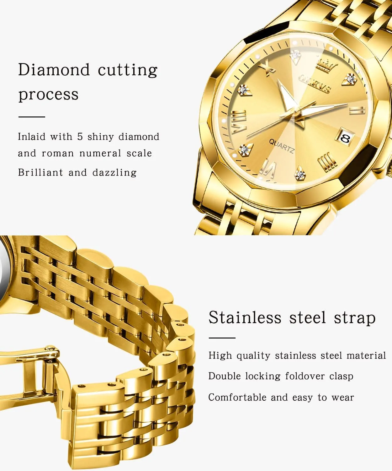 Watch Elegant Dress Diamond Analog Quartz Watch Two Tone Stainless Steel Waterproof Luminous Wristwatch lichen OLEVS Womens 