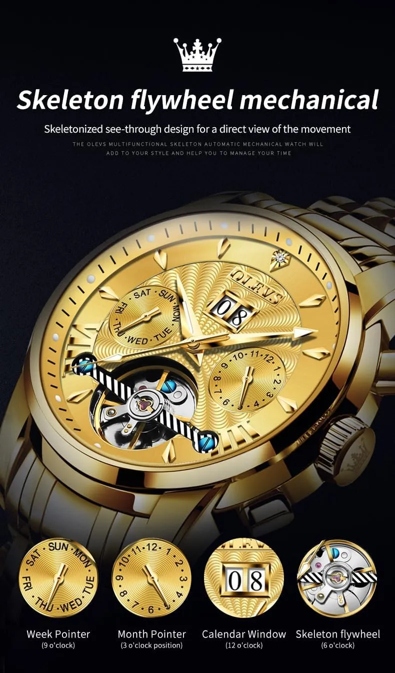 Watch for explosion angiosperm Men OLEVS Men Automatic Watch Self Winding Skeleton Mechanical Tourbillon Classic Luxury Multi Calendar Stainless Steel Waterproof Wrist 
