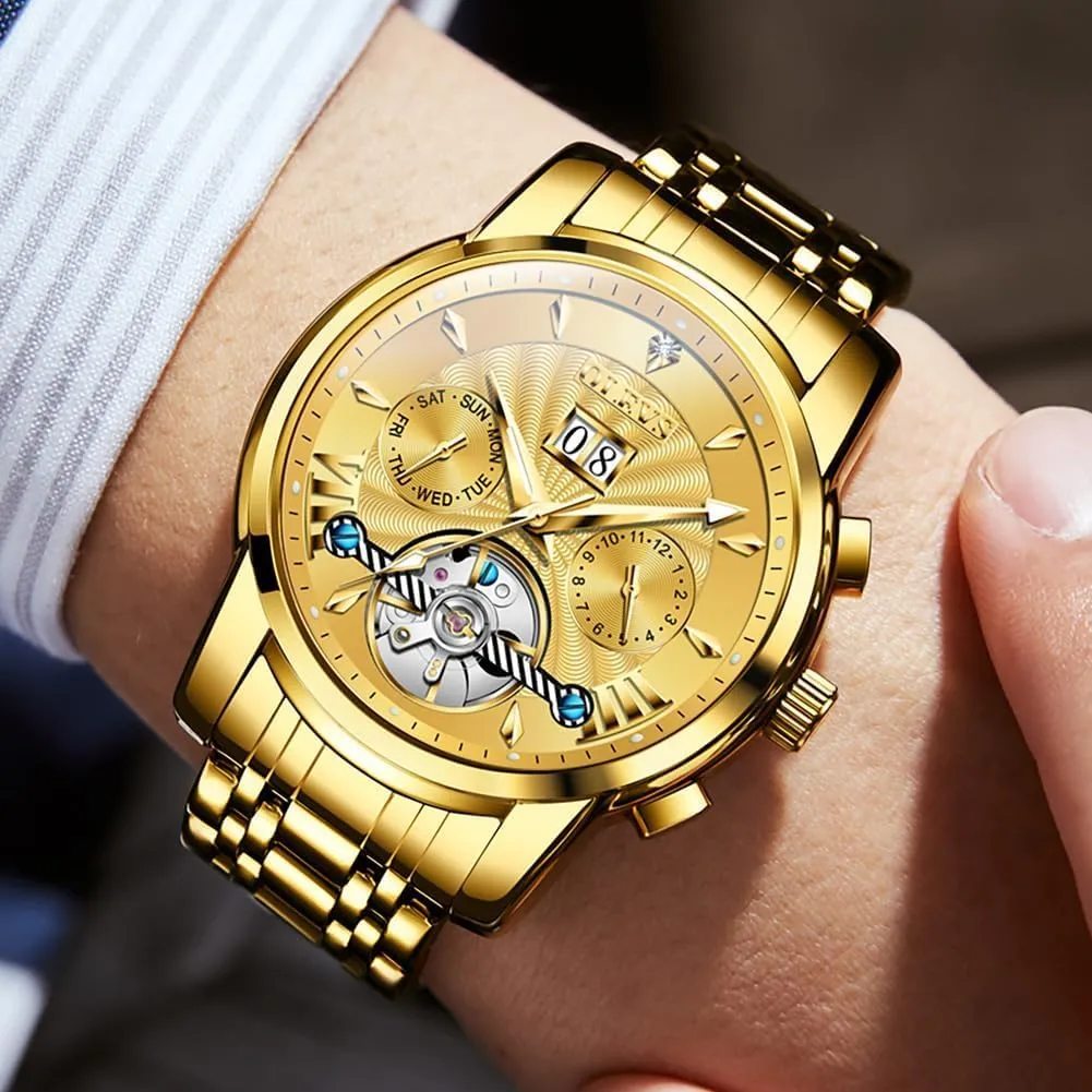 Watch for explosion angiosperm Men OLEVS Men Automatic Watch Self Winding Skeleton Mechanical Tourbillon Classic Luxury Multi Calendar Stainless Steel Waterproof Wrist 