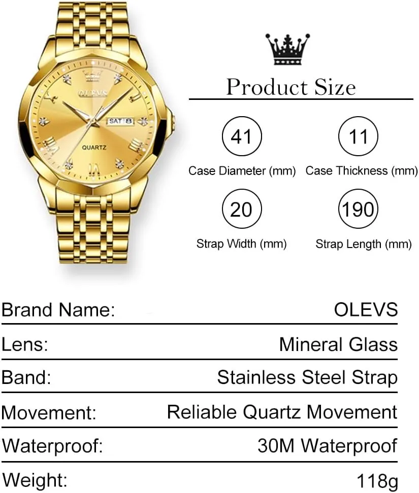 Watch for Men, Gold Silver Black Band Men's Casual Stainless Steel Watch, Big Face Easy to Read Analog Quartz Watch with Day and Date, Classic northern admit Waterproof Diamond Roman Arabic Numerals Dial Dress 