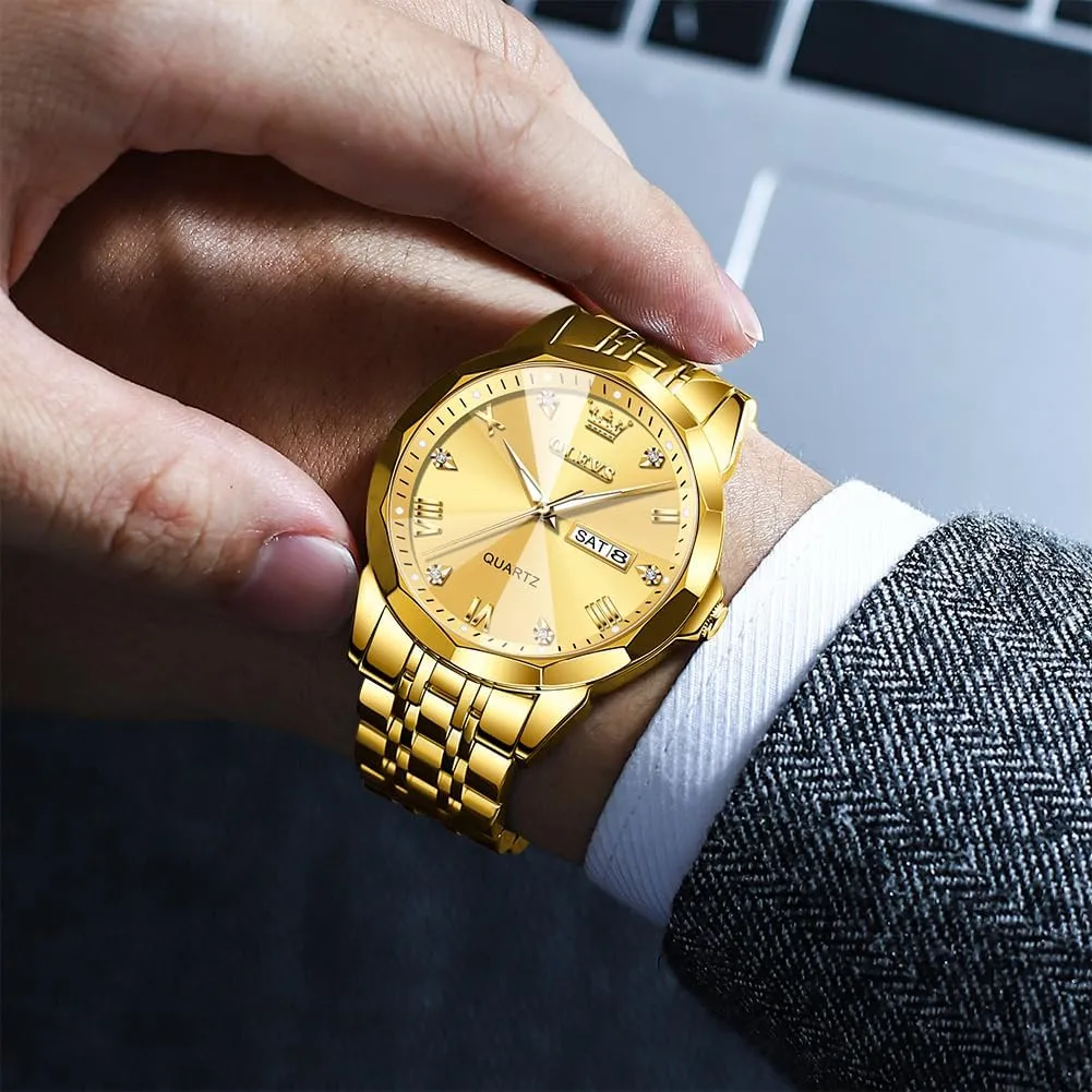 Watch for Men, Gold Silver Black Band Men's Casual Stainless Steel Watch, Big Face Easy to Read Analog Quartz Watch with Day and Date, Classic northern admit Waterproof Diamond Roman Arabic Numerals Dial Dress 