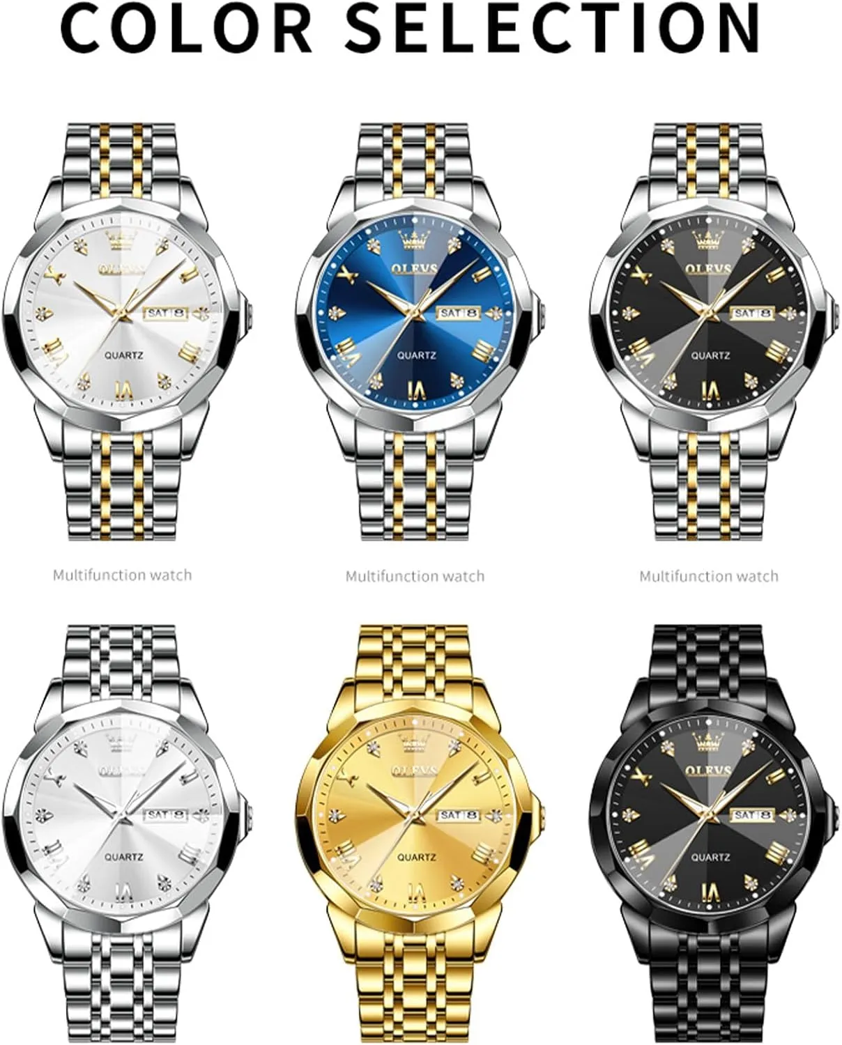 Watch for Men, Gold Silver Black Band Men's Casual Stainless Steel Watch, Big Face Easy to Read Analog Quartz Watch with Day and Date, Classic northern admit Waterproof Diamond Roman Arabic Numerals Dial Dress 