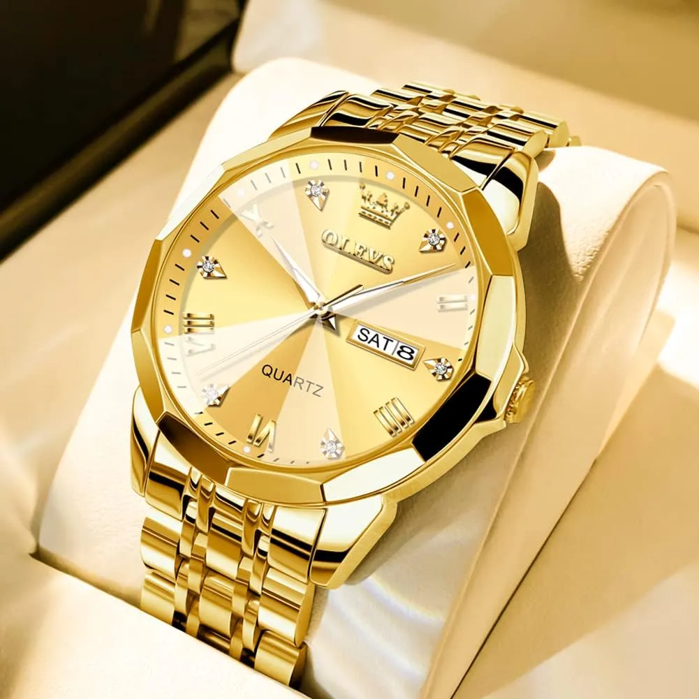 Watch for Men, Gold Silver Black Band Men's Casual Stainless Steel Watch, Big Face Easy to Read Analog Quartz Watch with Day and Date, Classic northern admit Waterproof Diamond Roman Arabic Numerals Dial Dress 